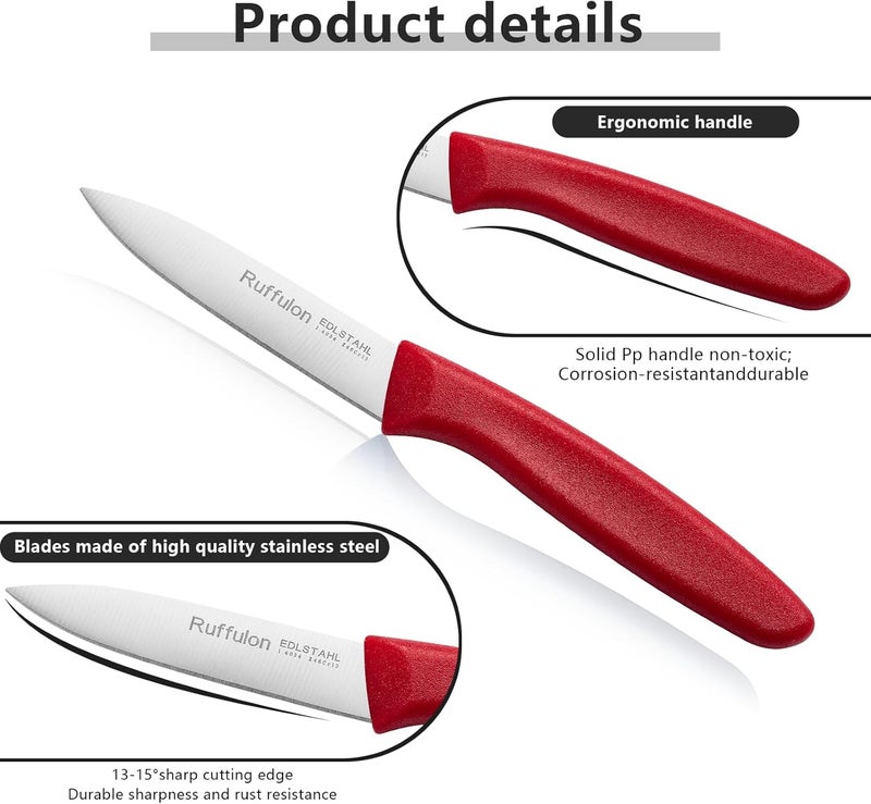 Ruffulon Paring Knife Fruit Knife Set (6 Pieces), Ultra Sharp Stainless Steel Vegetable and Fruit Knife with PP Plastic Ergonomic Handle for Cutting Fruits and Vegetables,Red - Image 3